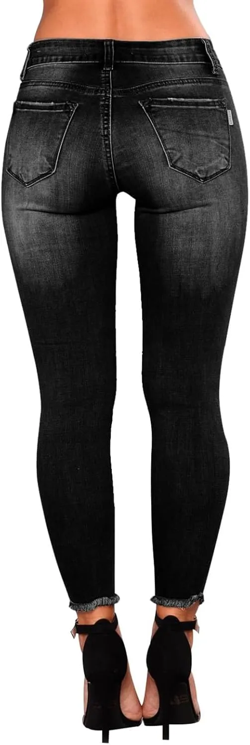 Skinny Jeans for Women Mid Rise Ripped Stretchy Jeans Pull On Dress Work Pants Tummy Control Jeggings with Pockets