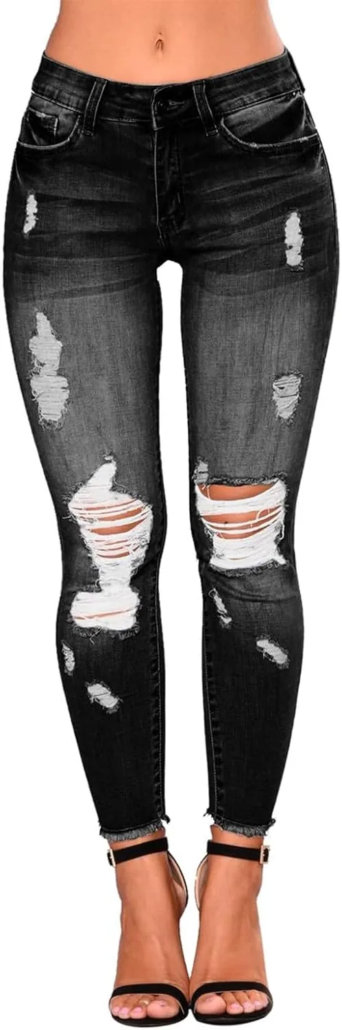Skinny Jeans for Women Mid Rise Ripped Stretchy Jeans Pull On Dress Work Pants Tummy Control Jeggings with Pockets