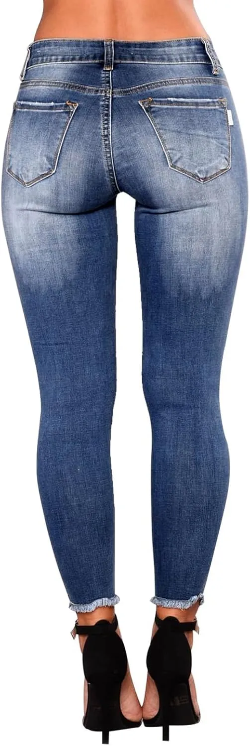 Skinny Jeans for Women Ripped Distressed Raw Hem Denim Stretchy Mid Rise Frayed Stretch Boyfriend Jeans with Pockets