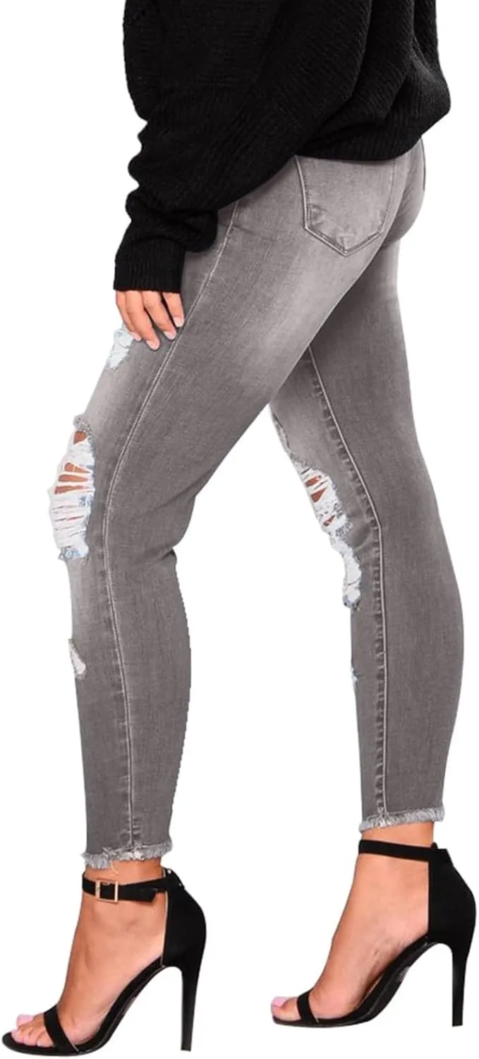 Skinny Jeans for Women Ripped Distressed Raw Hem Denim Stretchy Mid Rise Frayed Stretch Boyfriend Jeans with Pockets