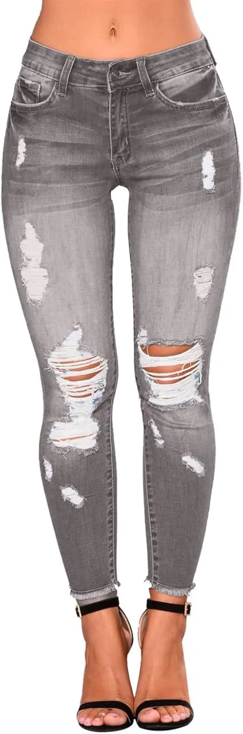 Skinny Jeans for Women Ripped Distressed Raw Hem Denim Stretchy Mid Rise Frayed Stretch Boyfriend Jeans with Pockets