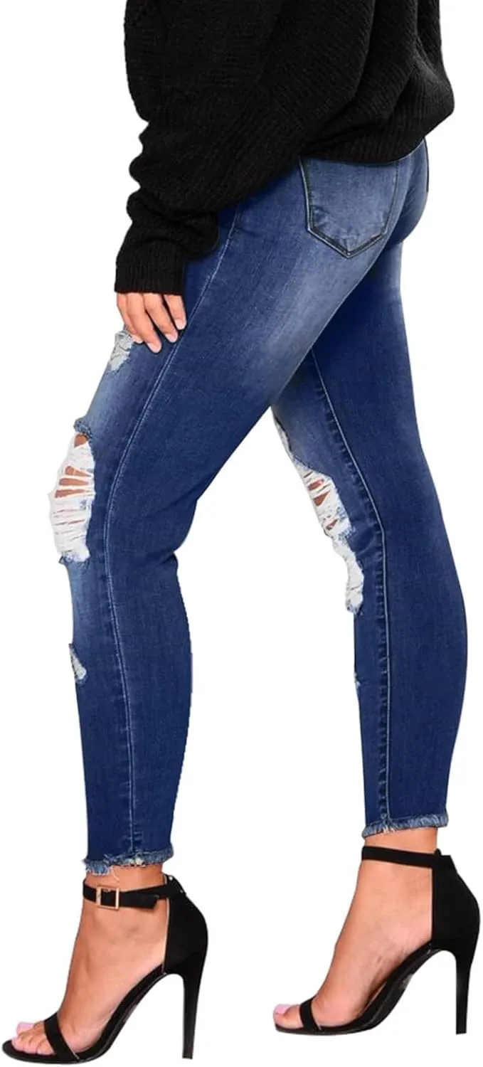 Skinny Jeans for Women Ripped Distressed Raw Hem Denim Stretchy Mid Rise Frayed Stretch Boyfriend Jeans with Pockets