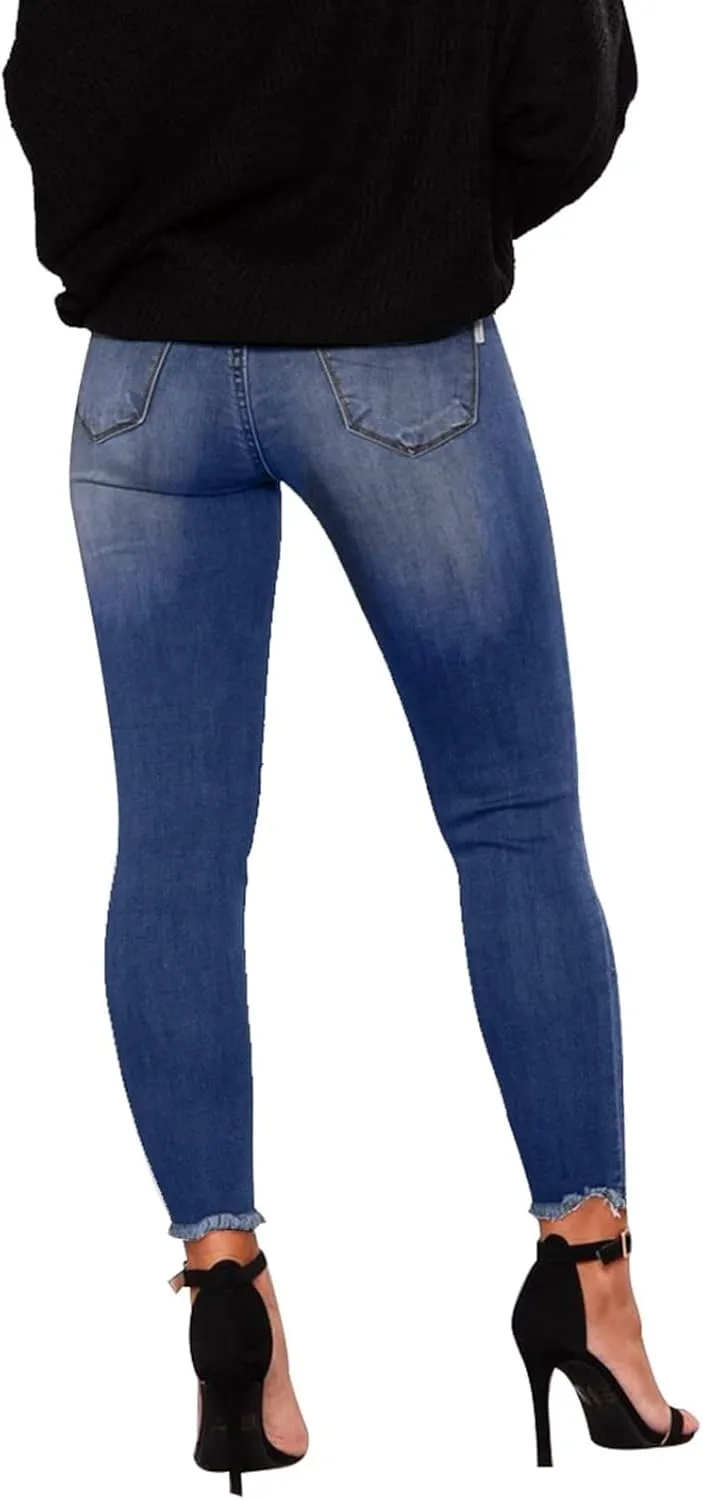 Skinny Jeans for Women Ripped Distressed Raw Hem Denim Stretchy Mid Rise Frayed Stretch Boyfriend Jeans with Pockets