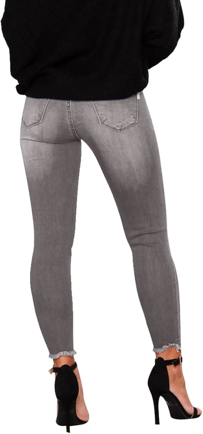 Skinny Jeans for Women Ripped Distressed Raw Hem Denim Stretchy Mid Rise Frayed Stretch Boyfriend Jeans with Pockets