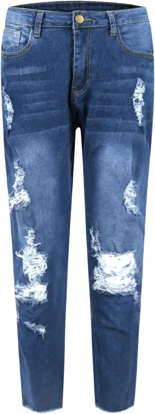 Skinny Jeans for Women Ripped Distressed Raw Hem Denim Stretchy Mid Rise Frayed Stretch Boyfriend Jeans with Pockets