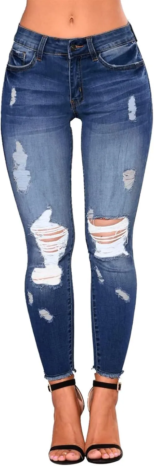 Skinny Jeans for Women Ripped Distressed Raw Hem Denim Stretchy Mid Rise Frayed Stretch Boyfriend Jeans with Pockets