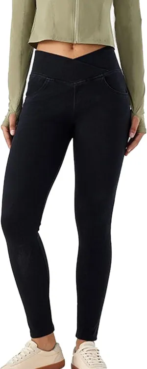 Skinny Stretchy Curvy Jeans for Women High Cross Waisted Tummy Control Jeans with Pockets
