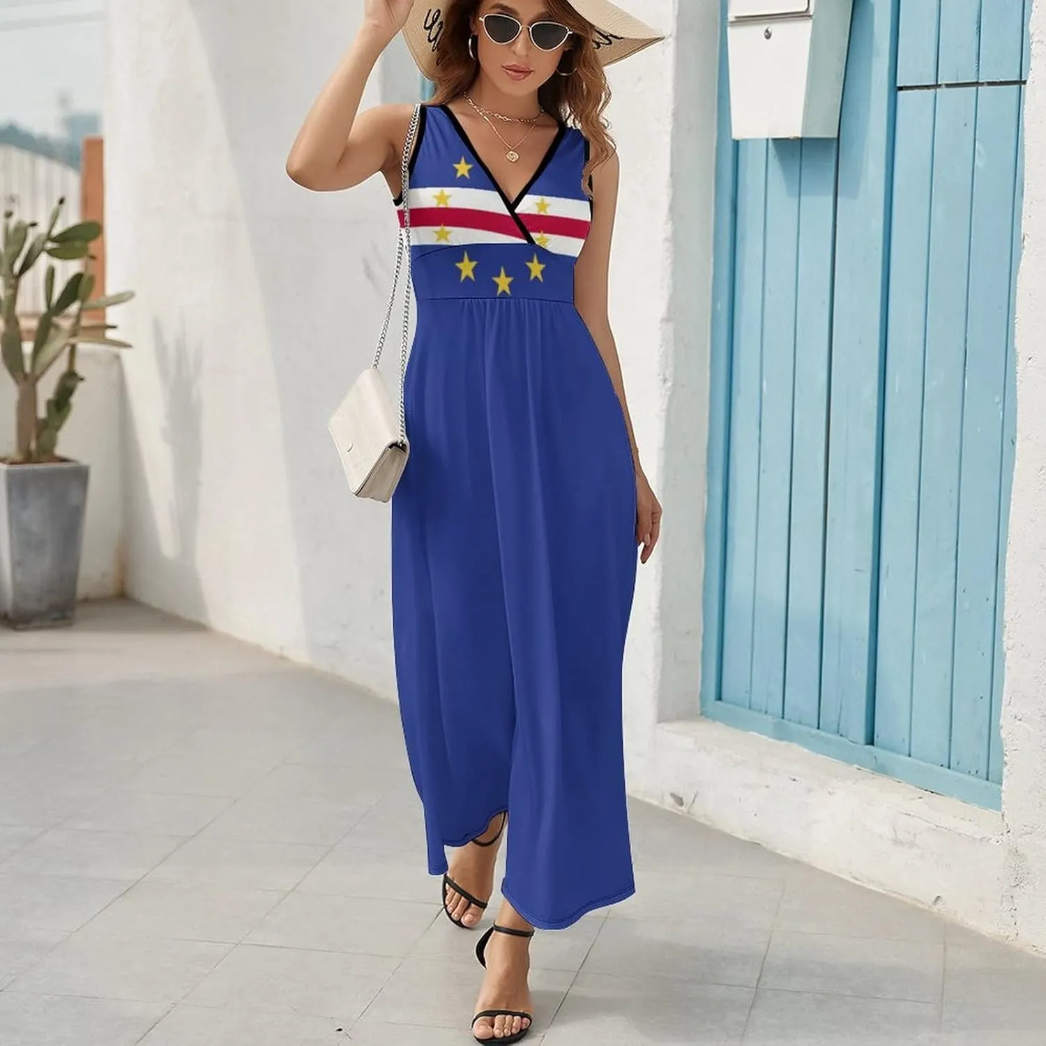Sleeveless Dress Dress for Womens Summer Top Cape Verde Flag Casual V Neck Shift Dress L