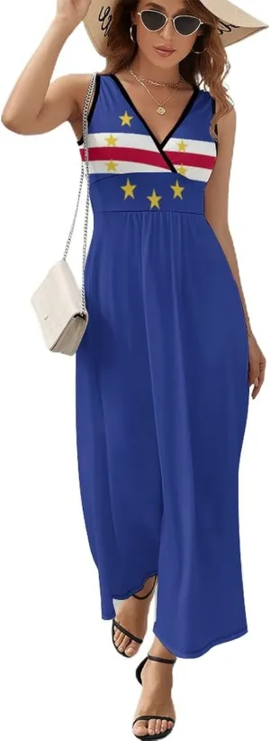 Sleeveless Dress Dress for Womens Summer Top Cape Verde Flag Casual V Neck Shift Dress L