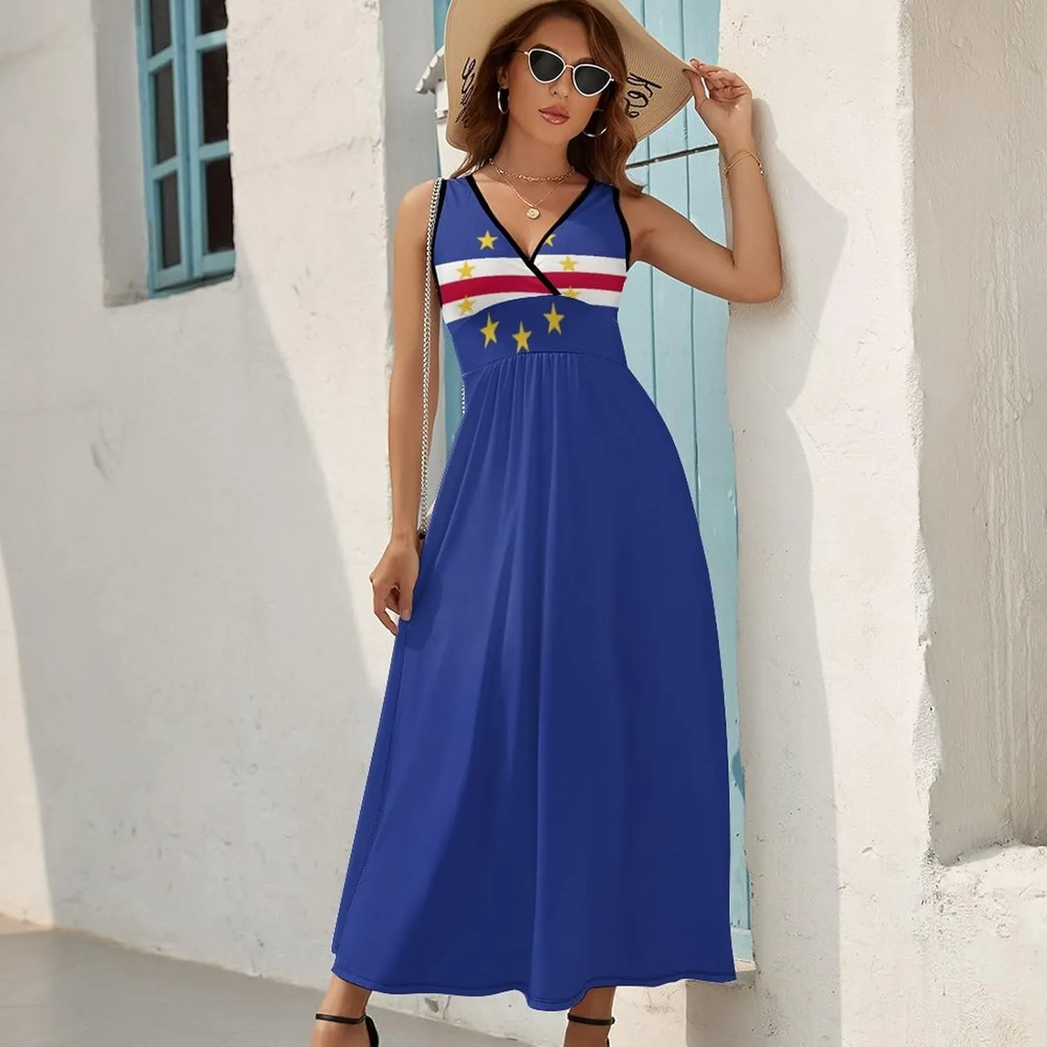 Sleeveless Dress Dress for Womens Summer Top Cape Verde Flag Casual V Neck Shift Dress L