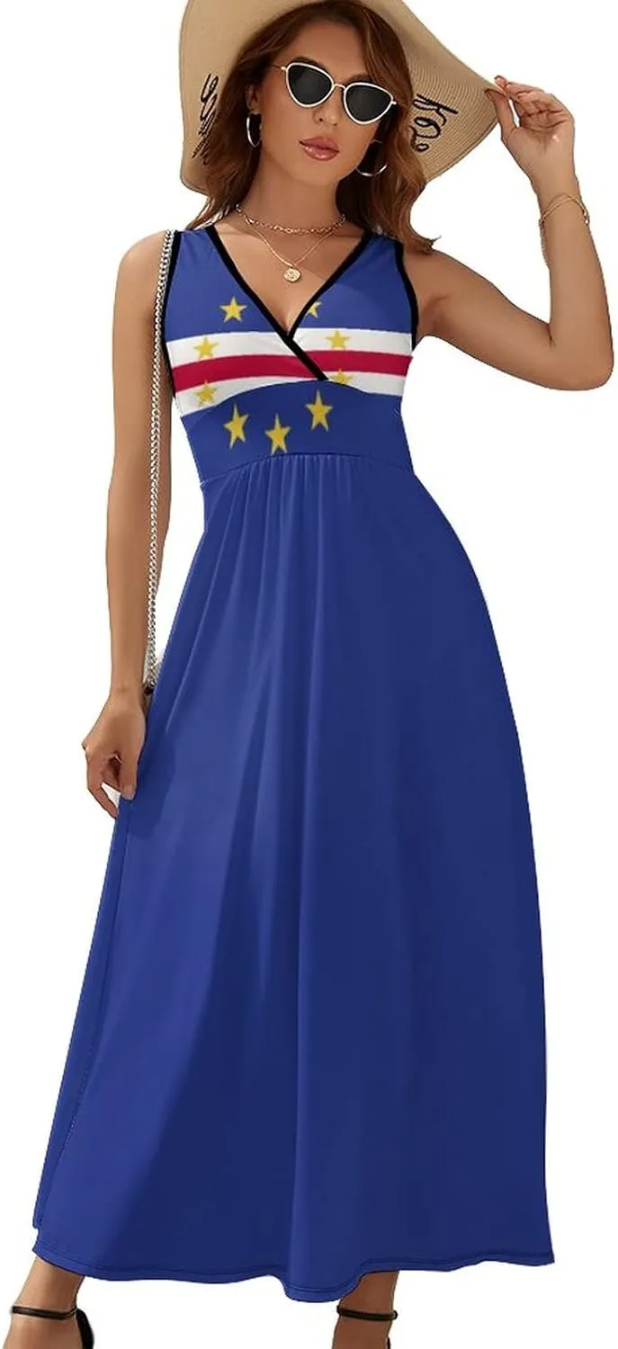 Sleeveless Dress Dress for Womens Summer Top Cape Verde Flag Casual V Neck Shift Dress L