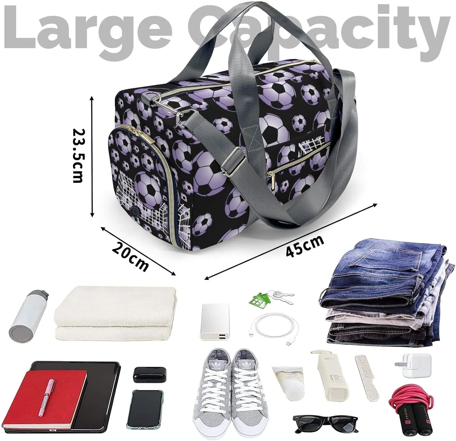 Soccer Ball Player Number Name Travel Duffel Bag Large Foldable Waterproof Overnight Bag for Beach Swim Bags Pool Sports Gym