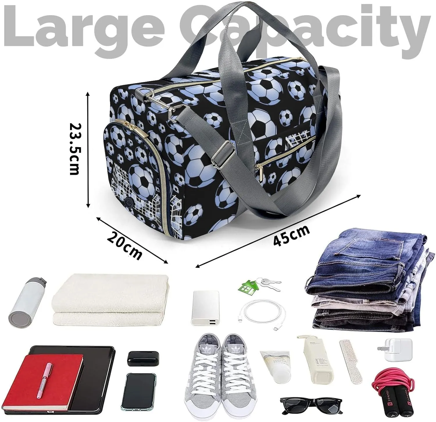 Soccer Ball Player Number Name Waterproof Travel Duffel Bag for Men and Women with Shoe Compartment