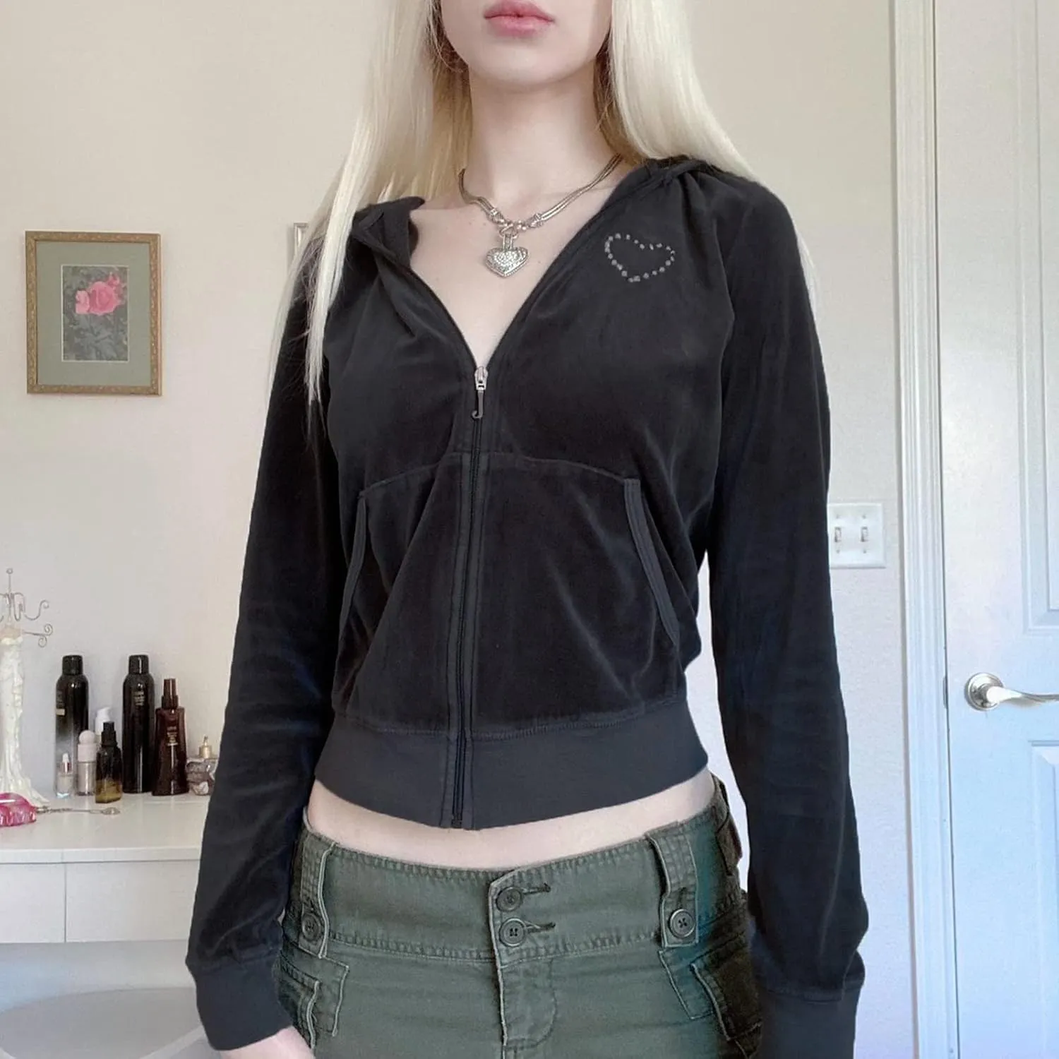 SOLILOQUY Women Y2k Zip Up Cropped Hoodie Sweatshirt Casual Long Sleeve Drawstring Pullover Top Harajuku Cargo Jacket