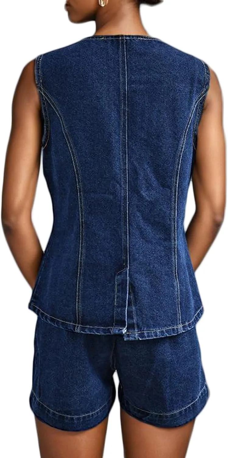 SOMTHRON Women's Denim 2 Piece Outfits Sleeveless Button Down Blazer Vest Tops High Waisted Jean Shorts Set