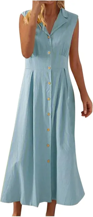 Summer Dreses for Women 2025 Casual Sleeveless Linen Maxi Dress Button Down V Neck Tank Dress Beach Long Sundress
