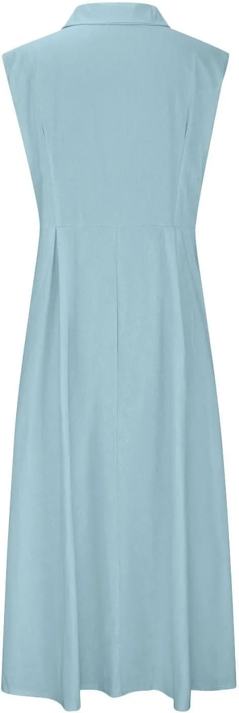 Summer Dreses for Women 2025 Casual Sleeveless Linen Maxi Dress Button Down V Neck Tank Dress Beach Long Sundress