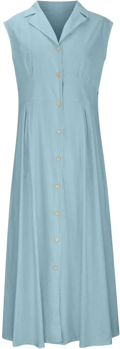 Summer Dreses for Women 2025 Casual Sleeveless Linen Maxi Dress Button Down V Neck Tank Dress Beach Long Sundress