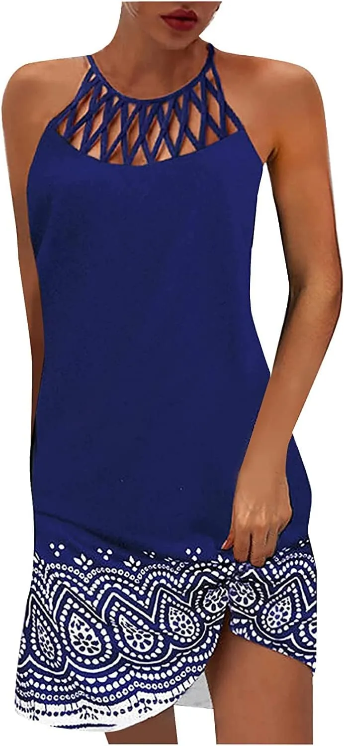 Summer Dresses for Women 2024 Casual Floral Hollow Out Halter Neck A-line Sundresses for Beach Vacation