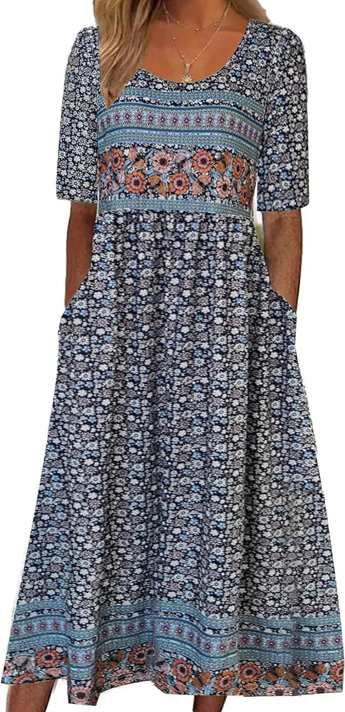 Summer Dresses for Women 2024 Casual Floral Short Sleeve A line Maxi Dress Boho Beach Vacation Sundress with Pockets