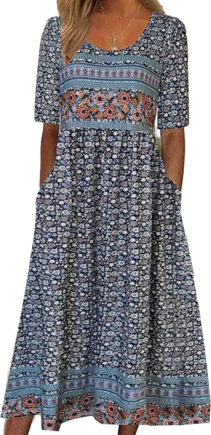 Summer Dresses for Women 2024 Casual Floral Short Sleeve A line Maxi Dress Boho Beach Vacation Sundress with Pockets