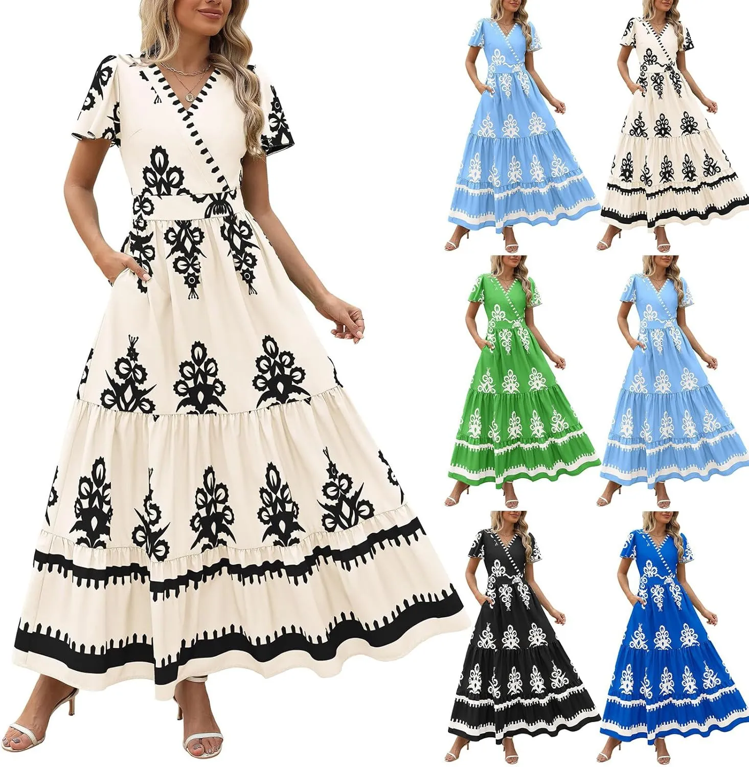 Summer Dresses for Women V Neck Short Sleeve Wrap Midi Dress Empire Waist A Line Ruffle Tiered Maxi Dress with Pockets