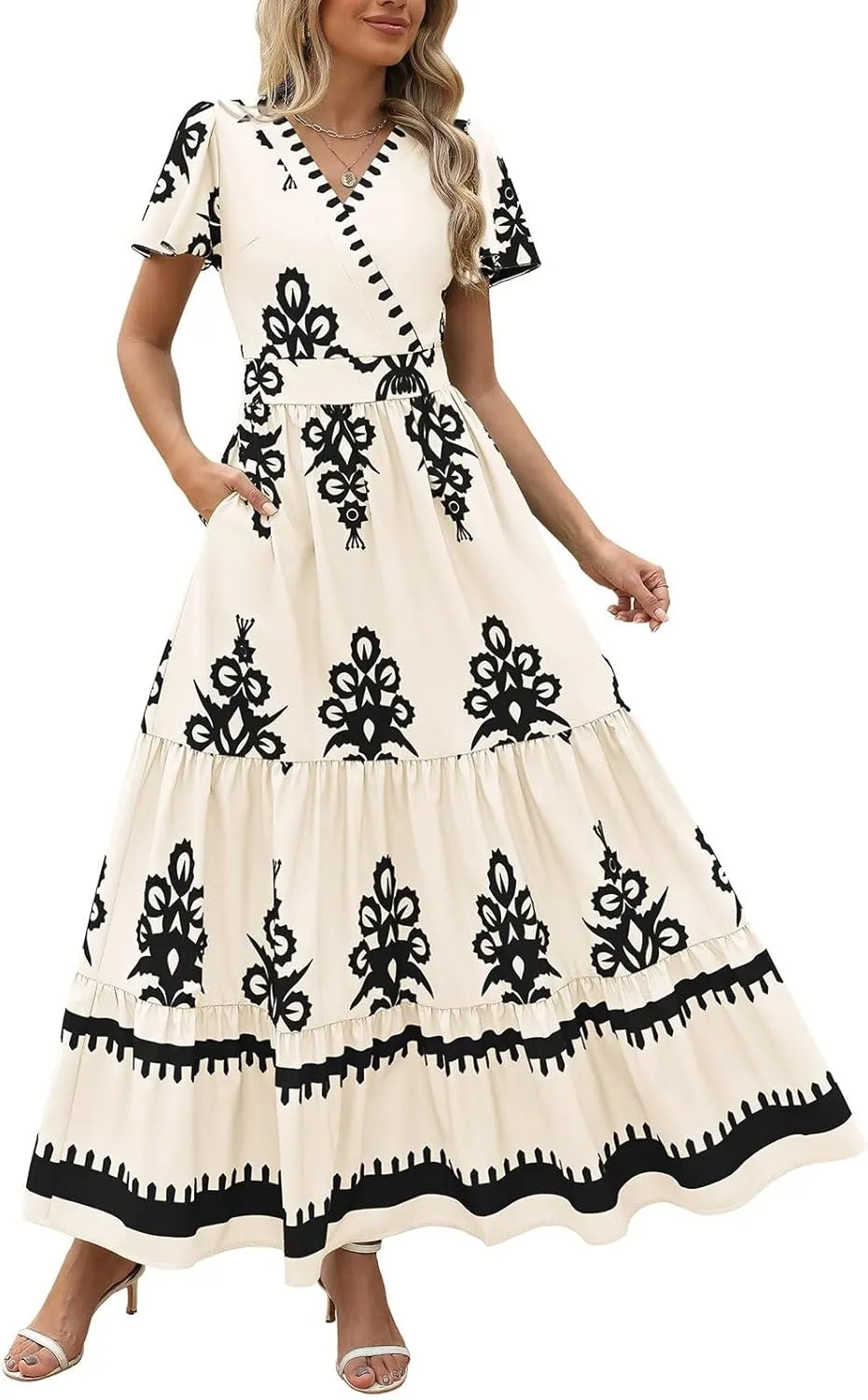 Summer Dresses for Women V Neck Short Sleeve Wrap Midi Dress Empire Waist A Line Ruffle Tiered Maxi Dress with Pockets