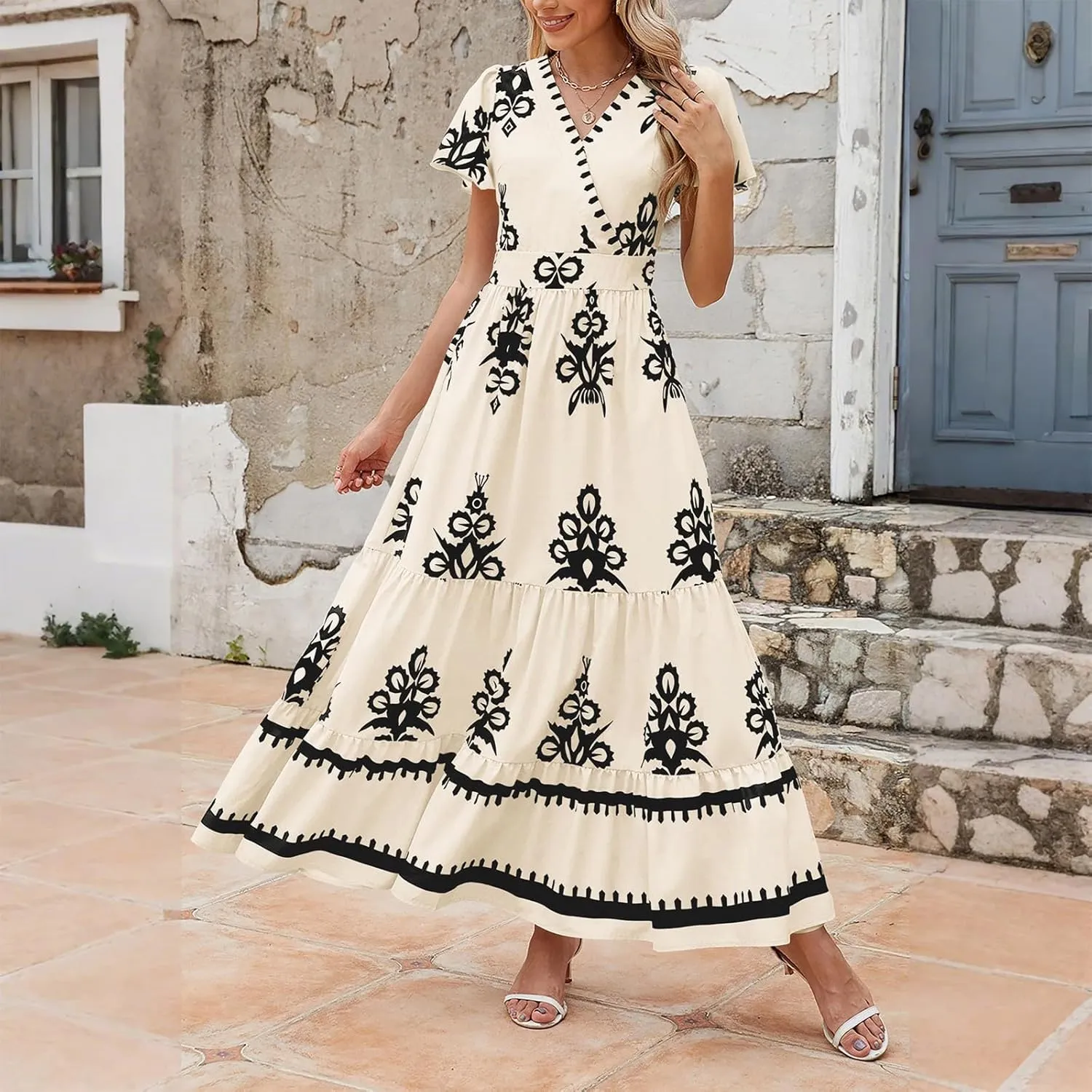 Summer Dresses for Women V Neck Short Sleeve Wrap Midi Dress Empire Waist A Line Ruffle Tiered Maxi Dress with Pockets