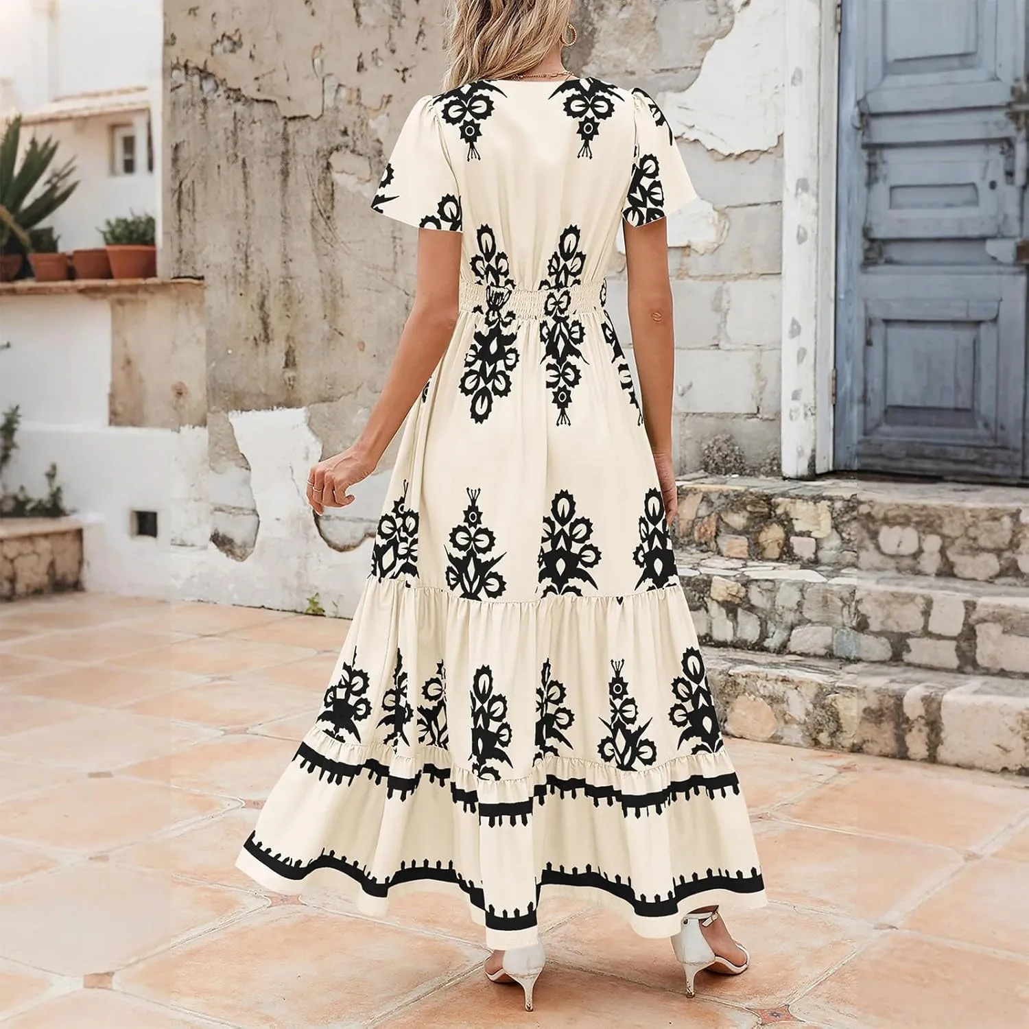 Summer Dresses for Women V Neck Short Sleeve Wrap Midi Dress Empire Waist A Line Ruffle Tiered Maxi Dress with Pockets