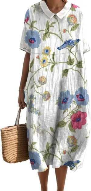 Summer Floral Maxi Dress, Women Casual Cotton Linen Boho Short Sleeve Crewneck Beach Flowy Vacation Dress with Pocket