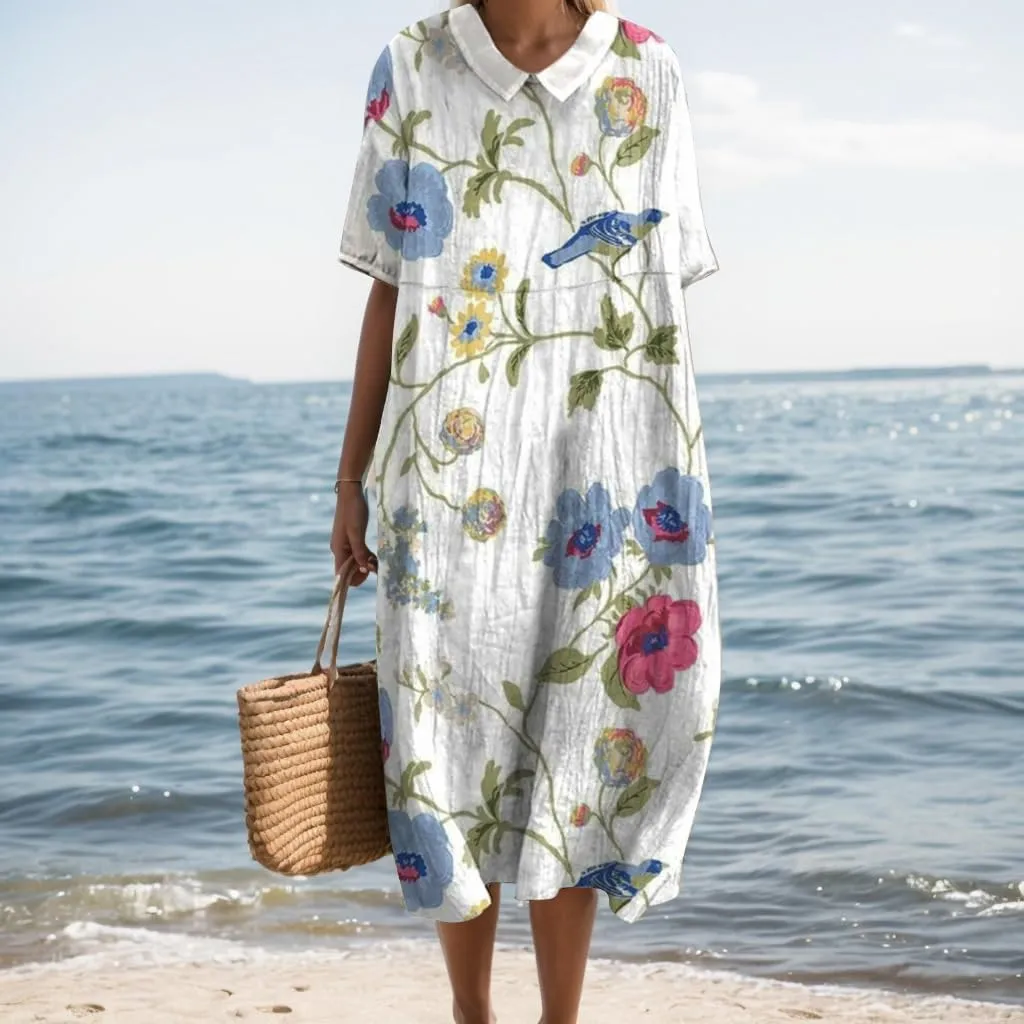 Summer Floral Maxi Dress, Women Casual Cotton Linen Boho Short Sleeve Crewneck Beach Flowy Vacation Dress with Pocket