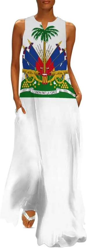 TAIZIYEAH Womens Summer Flag Print V-Neck Sleeveless Long Casual Dress 2XL