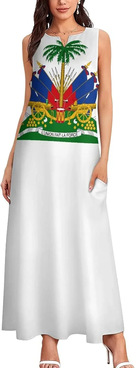 TAIZIYEAH Womens Summer Flag Print V-Neck Sleeveless Long Casual Dress 2XL