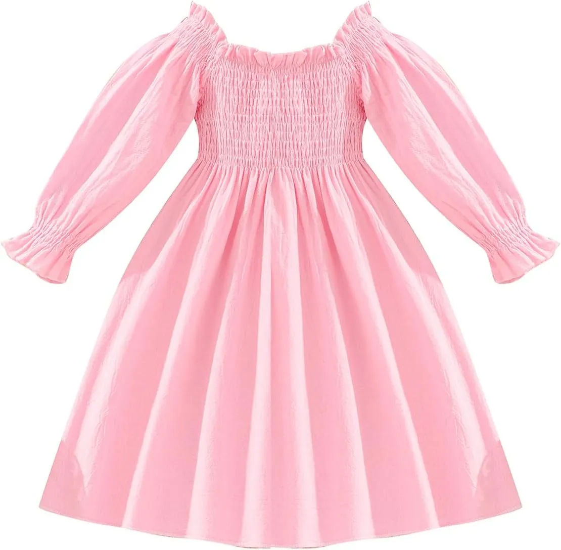 Tkria Girl Dress Spring Summer Square Neck Lantern Long Sleeve Toddler Dresses Size 3-7T
