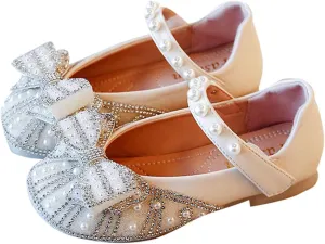 Toddler Girls Dress Flats Glitter Princess Shoe Rhinstones Bowknot Mary Jane Low Heels Wedding Prom Shoes for Kids