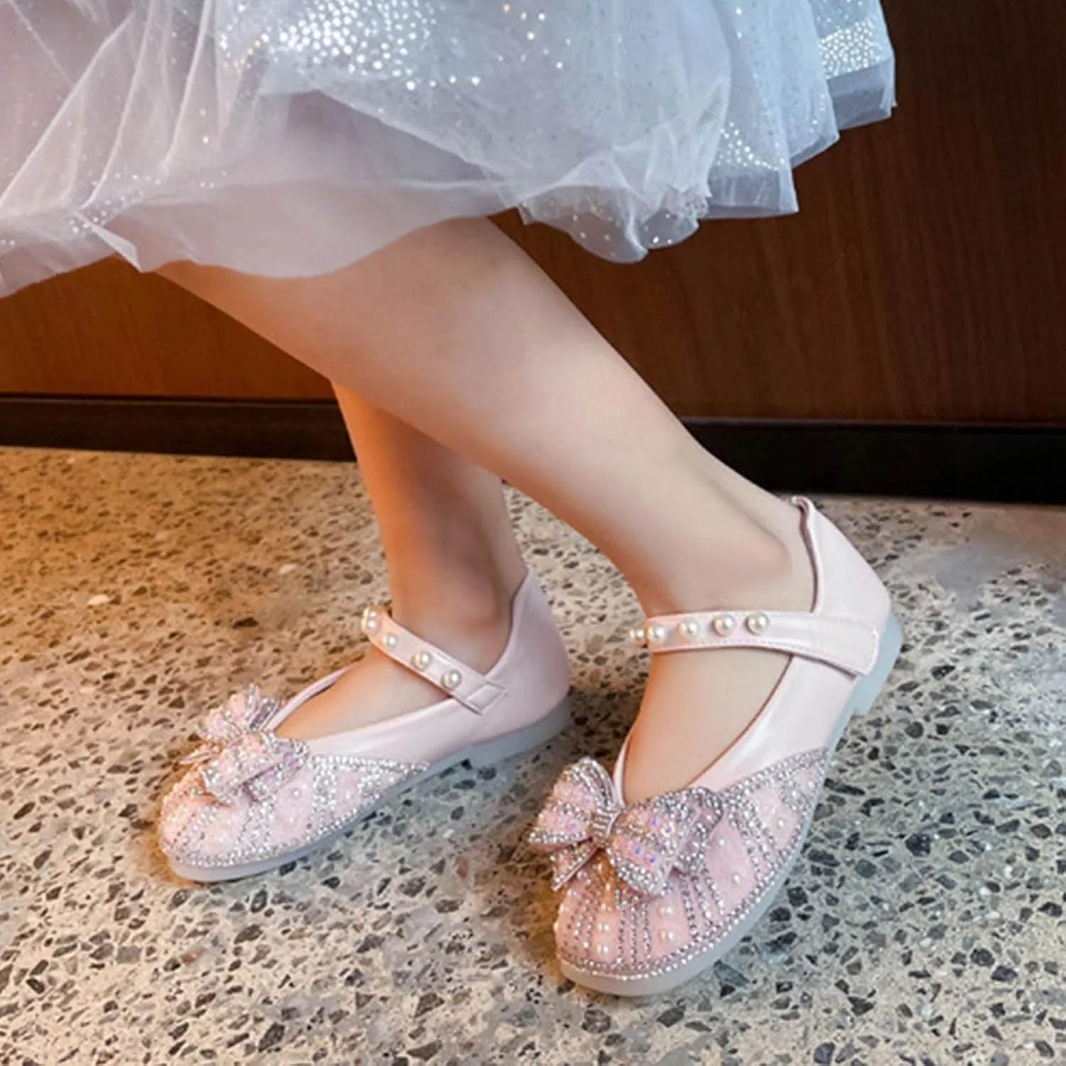 Toddler Girls Dress Flats Glitter Princess Shoe Rhinstones Bowknot Mary Jane Low Heels Wedding Prom Shoes for Kids