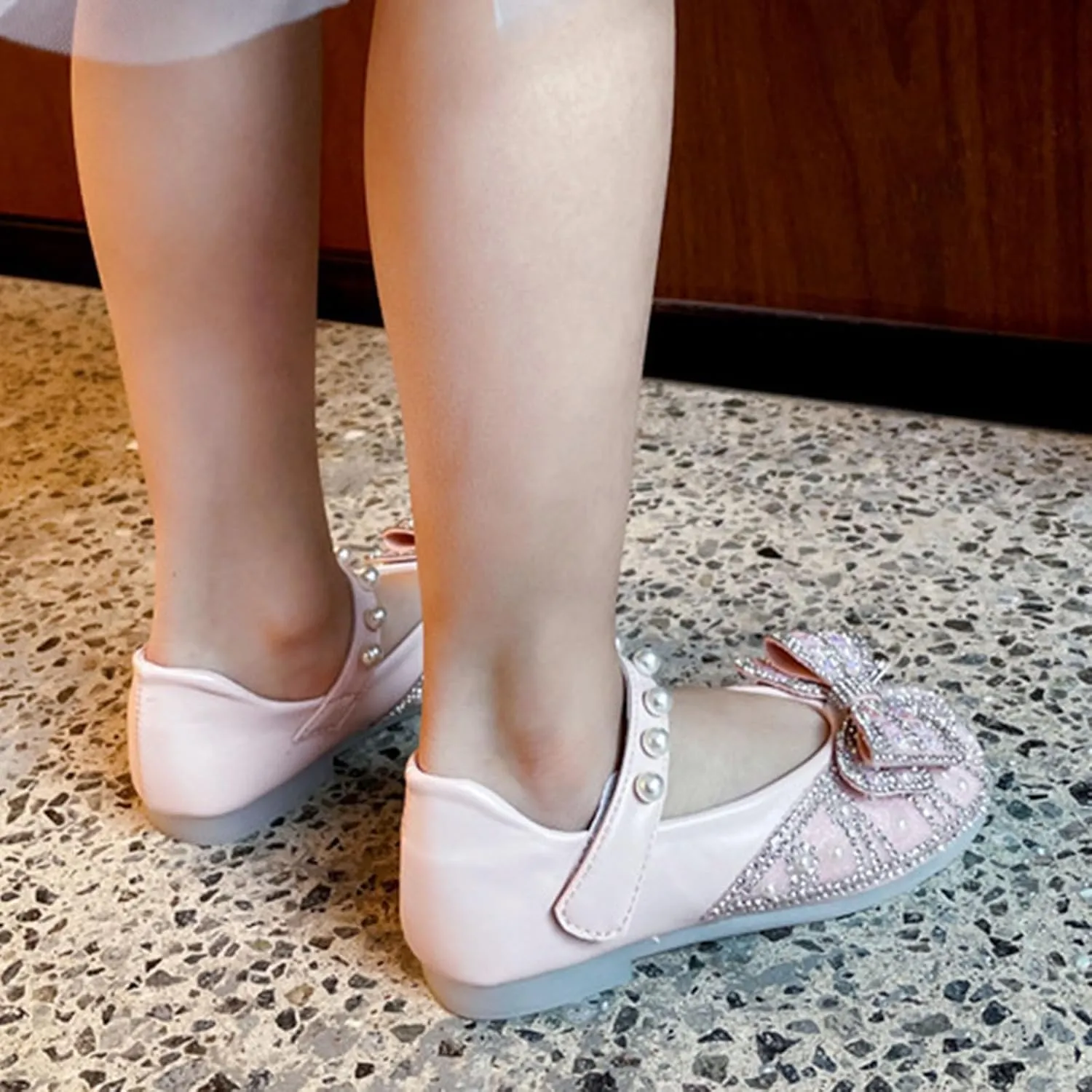 Toddler Girls Dress Flats Glitter Princess Shoe Rhinstones Bowknot Mary Jane Low Heels Wedding Prom Shoes for Kids
