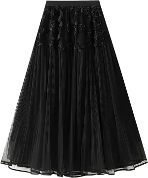 Tulle Skirts for Women Fairy Tutu Tiered Elastic Waist A Line Midi Skirt Casual Ruffles Layered Mesh Party Long Skirts