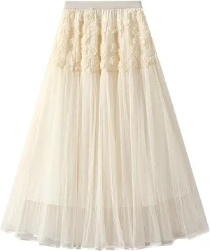 Tulle Skirts for Women Fairy Tutu Tiered Elastic Waist A Line Midi Skirt Casual Ruffles Layered Mesh Party Long Skirts