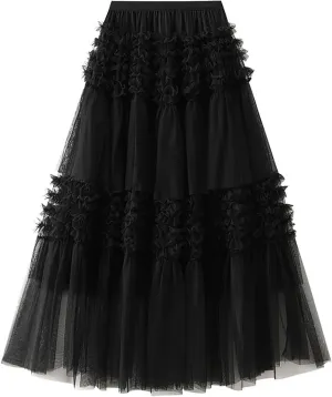 Tulle Skirts for Women Fairy Tutu Tiered Elastic Waist A Line Midi Skirt Casual Ruffles Layered Mesh Party Long Skirts