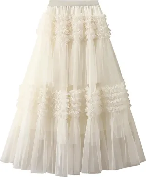 Tulle Skirts for Women Fairy Tutu Tiered Elastic Waist A Line Midi Skirt Casual Ruffles Layered Mesh Party Long Skirts
