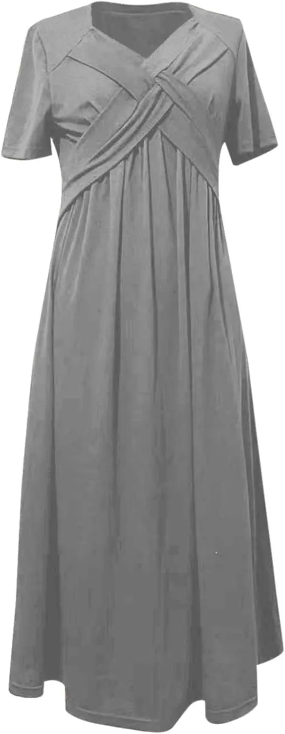V Neck Wedding Guest Dresses for Women Short Sleeve Pleated Dress with Pockets Boho Sun Dress for Beach Vacation