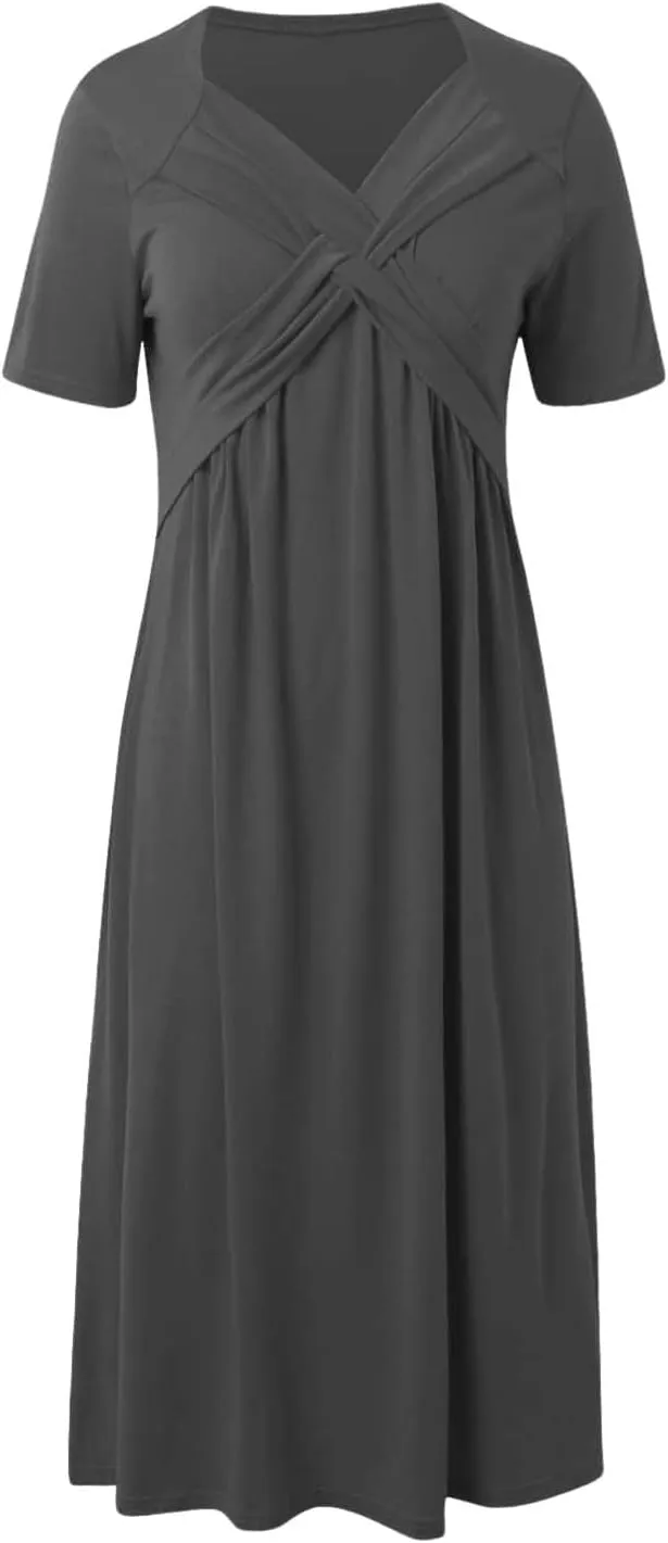 V Neck Wedding Guest Dresses for Women Short Sleeve Pleated Dress with Pockets Boho Sun Dress for Beach Vacation