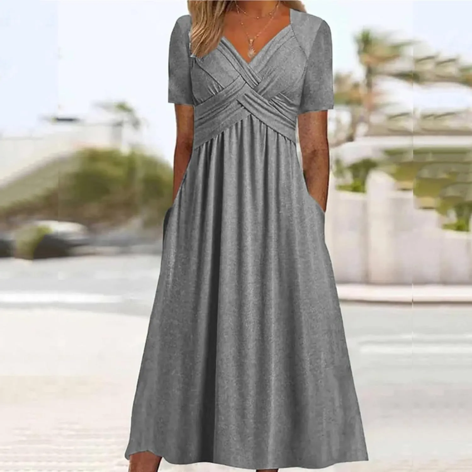 V Neck Wedding Guest Dresses for Women Short Sleeve Pleated Dress with Pockets Boho Sun Dress for Beach Vacation
