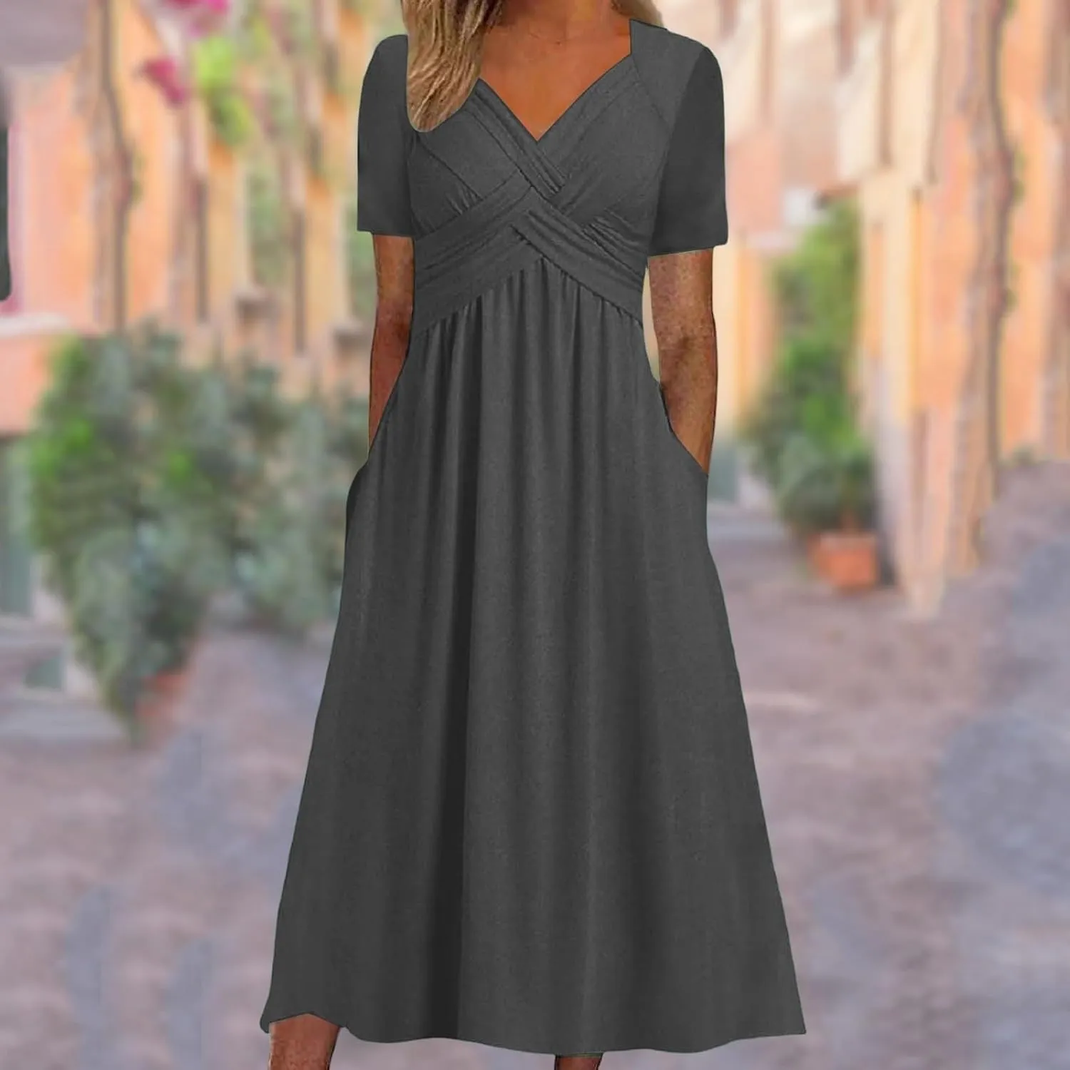 V Neck Wedding Guest Dresses for Women Short Sleeve Pleated Dress with Pockets Boho Sun Dress for Beach Vacation