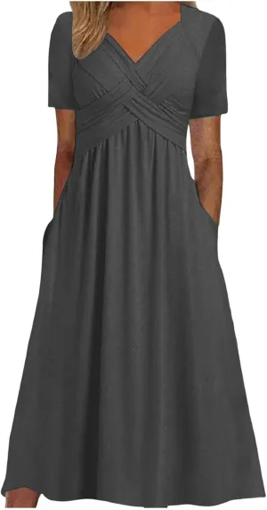 V Neck Wedding Guest Dresses for Women Short Sleeve Pleated Dress with Pockets Boho Sun Dress for Beach Vacation