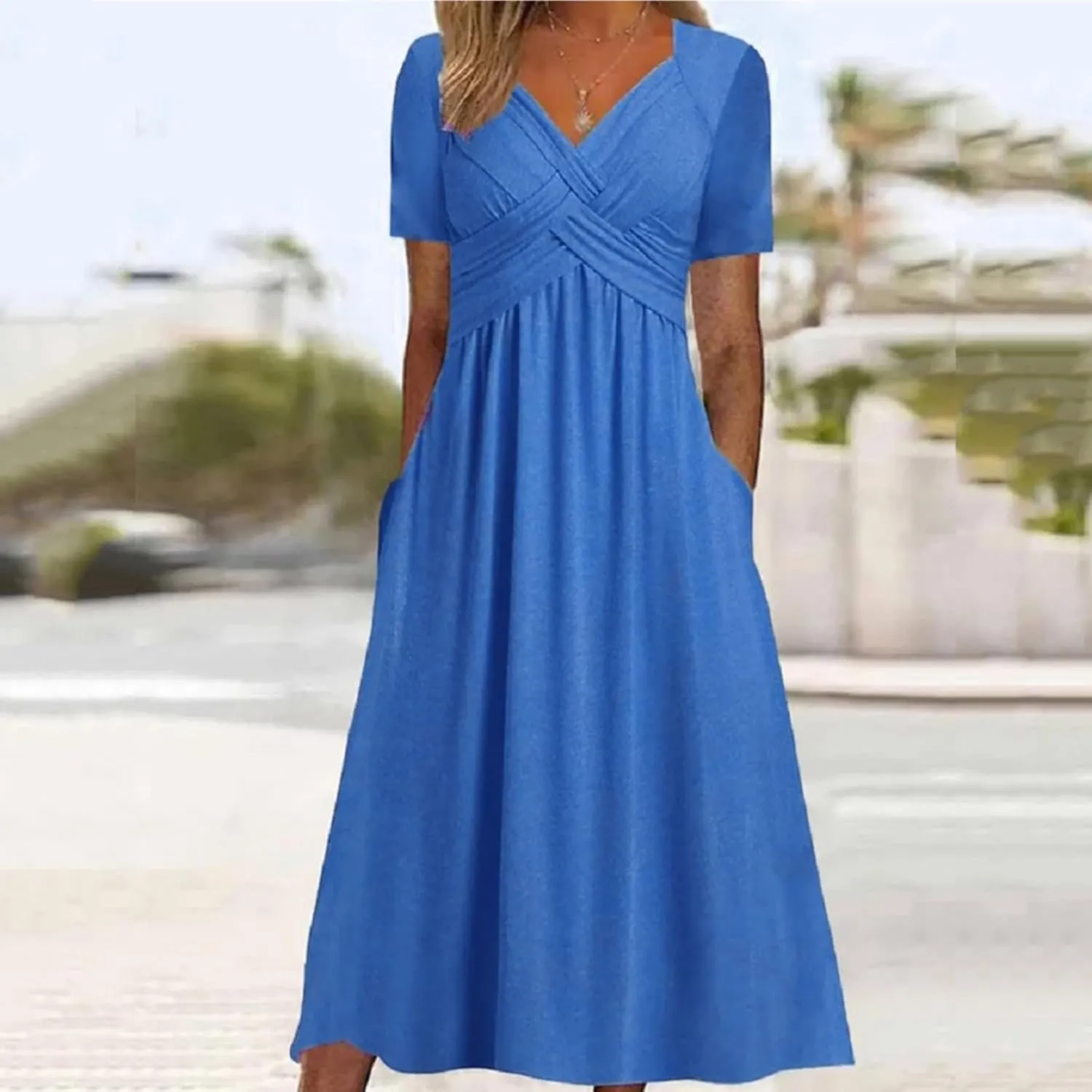 V Neck Wedding Guest Dresses for Women Short Sleeve Pleated Dress with Pockets Boho Sun Dress for Beach Vacation