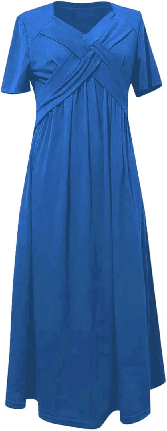 V Neck Wedding Guest Dresses for Women Short Sleeve Pleated Dress with Pockets Boho Sun Dress for Beach Vacation