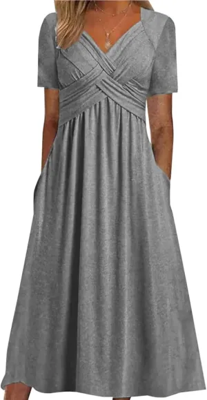 V Neck Wedding Guest Dresses for Women Short Sleeve Pleated Dress with Pockets Boho Sun Dress for Beach Vacation