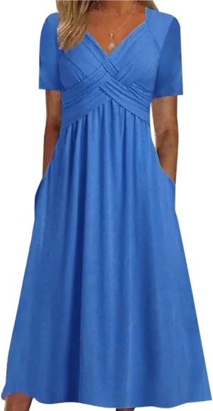 V Neck Wedding Guest Dresses for Women Short Sleeve Pleated Dress with Pockets Boho Sun Dress for Beach Vacation
